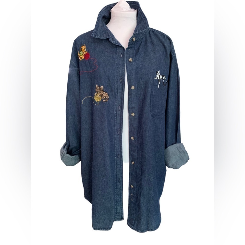 Vintage Cabin Creek Kittens at Play Embroidered Denim Button Down Sz M